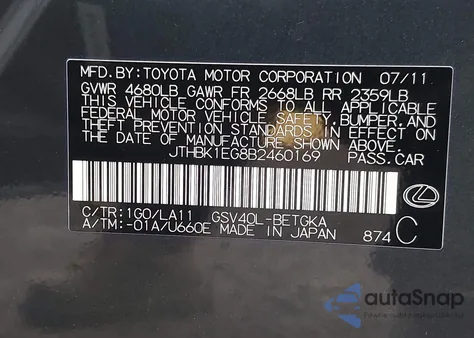 2011 Lexus Es 350 z USA, uszkodzony, nr VIN JTHBK1EG8B2460169